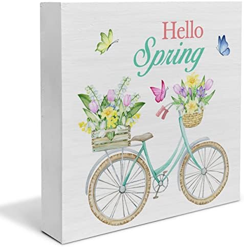 Селска фарма куќа здраво пролетна велосипед дрвена кутија знак декор биро со велосипед со цвеќиња пролет цитат дрвена кутија блок -знак за