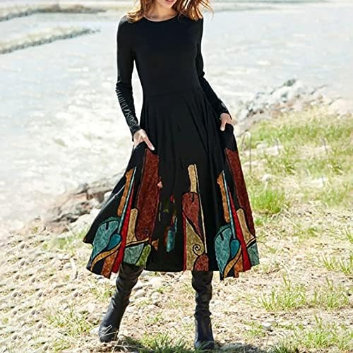 Нокмопо Формални Фустани За Жени Мода Секојдневен Печатен Пуловер Со Кружен Врат Фустан Со Долги Ракави Плетен Коктел Фустан