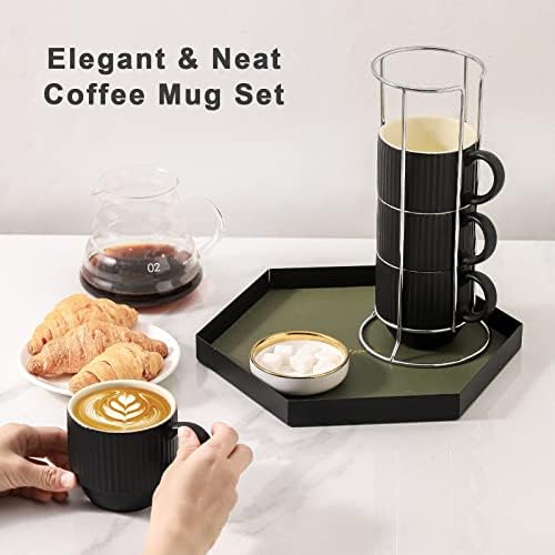 Hasense Black Cafe Chafe Porcelain сет од 4 со решетката - 12 мл стабилни кафе чаши керамички, модерни комплети со ребрести лате за капучино,