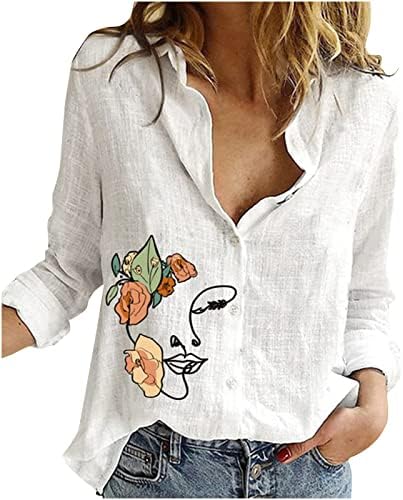 Летни обични врвови за жени кошули со копчиња со јака, симпатични печатени блузи со долги ракави 2023 модна облека