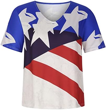 Женска Блуза Блок Во Боја Американско Знаме Лабави Фит Преголеми Блузи Маици Краток Ракав V Вратот Спандекс Бранч Блуза