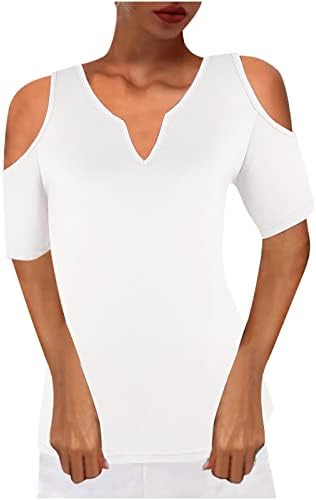 Женски кратки ракави ладно рамо основни маички маички летни обични трендовски лабави секси V вратот цврсти дами врвови