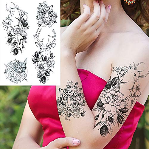 Реални Секси Тетоважи Привремено Скицирани Големи Цветни Лажни Налепници За Тетоважа За Жени Девојки, 14 Листови 3Д Голема Црна Роза Божур