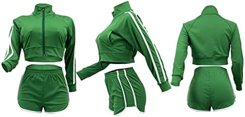 Секси облека со две парчиња за жени - Шарени бејзбол тренерки со долги ракави култури врвни патент до јакна + шорцеви Поставете спортска