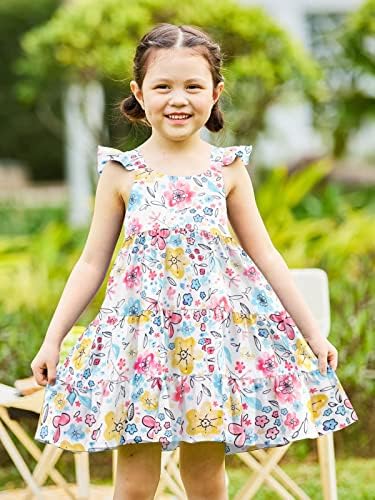 Мали девојчиња летен фустан без ракави каузална цветна плажа од плажа, измешана замав, принцеза фустан со ракав од руфли 2-8t