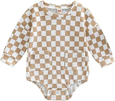 Облека за бебешки момчиња Симпатична проверка на табла со преголеми џемпери ромпер -боја блок во боја со долг ракав, пад на облеката
