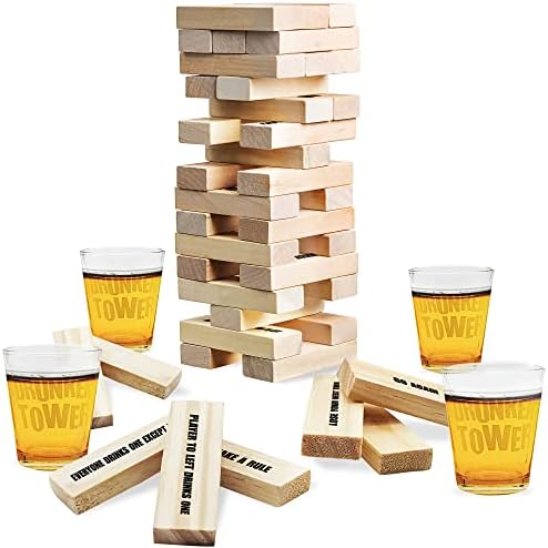 Игра за пиење кула за пиење на уметност, игра за пиење со 4 чаши и 60 дрвени блокови со предизвици, забавни куќни забави игри за игра ноќ, одлична