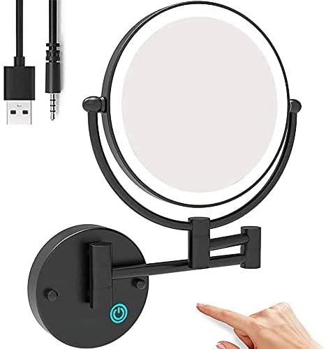 8 -инчен огледало на огледалото за бања, монтиран црно, USB огледало за шминка, двојно 1x/10x зголемувачки прилагодлив LED светлосен допир
