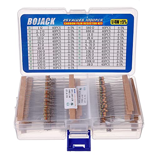 Bojack 1000 парчиња 25 вредности комплет за отпорник 1 ом-1м ом со 5% 1/4W асортиман на отпорници на јаглерод филм