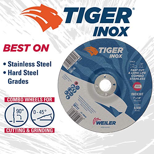 Weiler 58117 7 x 1/8 Tiger Inox Type 27 Cut and Grind Combo Wheel, Inox30T, 7/8 A.H.