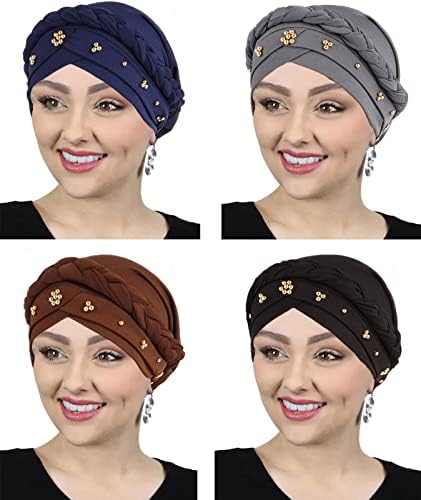 4 пакувања жени африкански турбански капа испреплетена глава на глава еластична глава за глава за жени повеќебојни