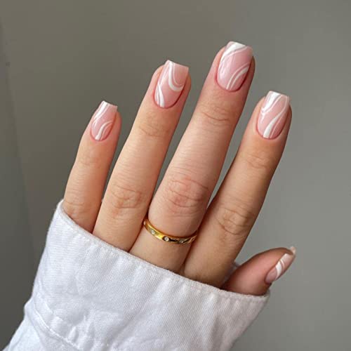 Бели вртења притиснете на ноктите кратки и светло розови француски врв лепак на ноктите лажни нокти за жени и девојчиња