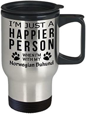 Куче Љубовник Патување Кафе Кригла-Посреќна Личност Со Норвешки Бухунд-Миленичиња Сопственик Спасување Подароци