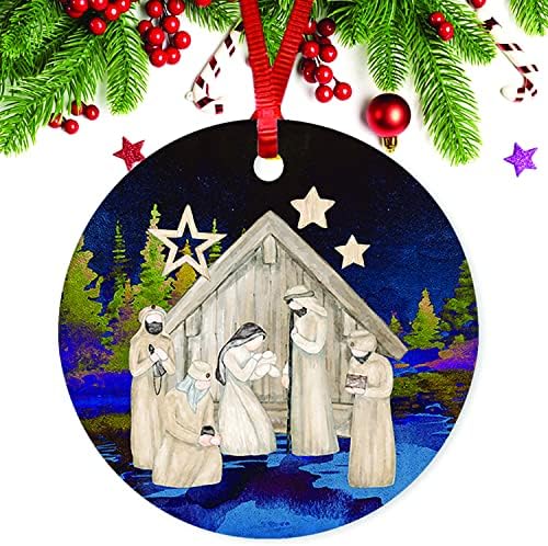 Арогелд Божиќна природеност сцена околу керамички украси 3inch бебе Исус круг религиозен украс Персонализирана крштевачка дрво другар