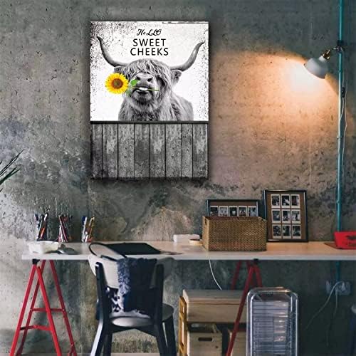Хајленд крава wallидна уметност, крави слики wallидни декор, црно -бело рустикален висорамнински крави со сончоглед слики за wallиден