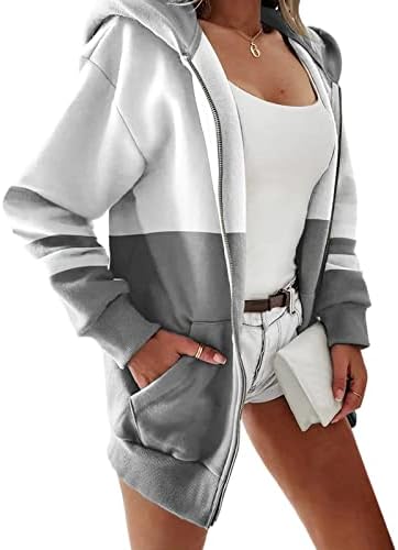 Палто за џемпери за жени 2022 есен худи со џебови трендовски обични лабави вклопување во јакни со блок во боја
