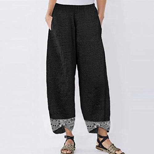 2023 памучни постелнина панталони плус големина, еластична половината широка нога палацо бохо каприс удобни модни панталони со џебови