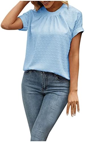 Летна маица за жени 2023 мода плус големина цврст краток ракав со тркалезна врата со обична блуза маица врвови