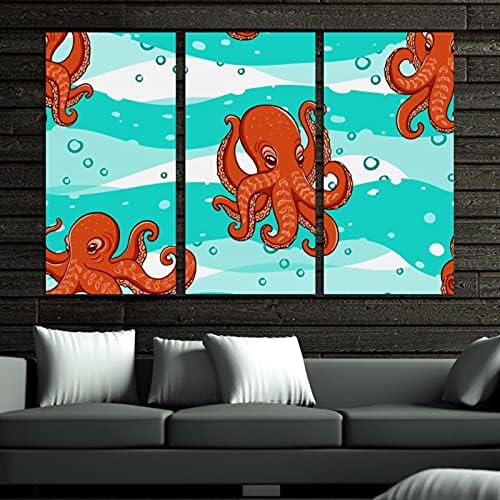 Wallидна уметност за дневна соба, портокалови октоподи морски бранови врамени декоративно масло за сликање поставени декоративни