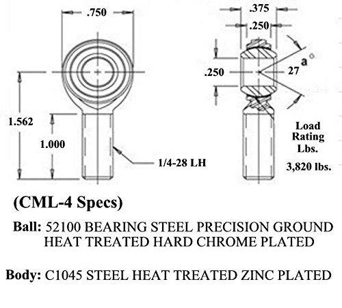QS компоненти CML-4, 1/4 x 1/4-28 Економија Машки LH Rod End, Heim Schem Heims
