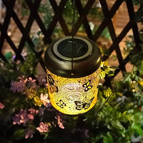 Сончеви фенери на отворено висечки светла - Пеперутка испуштена метална декор Фенер, водоотпорен предупредување LED декоративна градинарска