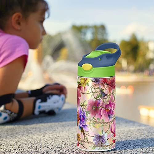 Goodold акварел Шарени цвеќиња Детско шише со вода, изолирани шишиња со вода од не'рѓосувачки челик со капа за слама, 12 мл без проток