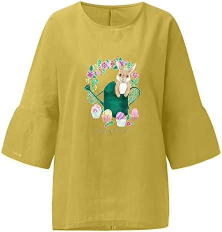 Womenените Среќна Велигденска маица обична 3/4 ракав симпатична зајаче графичка маичка памучна постелнина маички врвни лабави обични блузи