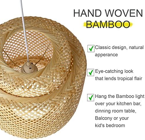 Aihomix Décor Bamboo Pendant Light Filtures, природен материјал од бамбус лустер, рачен ткаен ратан фенер за приврзок светло за