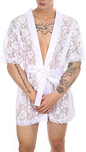 Нархбг машка секси бањарка долна облека со кратки ракави свилени чипка ноќен наметка облечена облека сиси g-жица од пижами за спиење