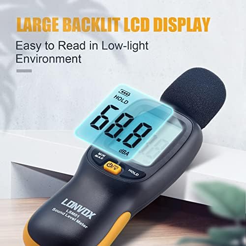 Мерач на децибела, мерач на ниво на дигитален звук Lonvox со мерен опсег од 30 до 130 DBA, LCD дисплеј со позадинско осветлување,
