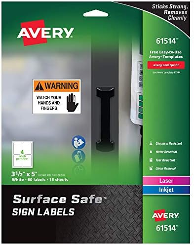 Безбедни етикети за безбедност на безбедноста на Surface Surface, кои се печатат, чисто отстранливи, отпорни на вода, 3,5 ”x 5”, 60 пакувања