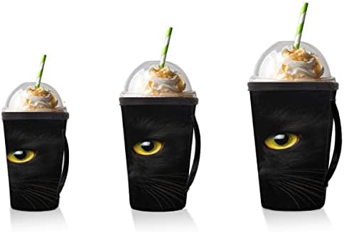 Црна мачка маче за еднократно замрзнато кафе со рачка со рачка Неопрена чаша ракав за сода, лате, чај, пијалоци, пиво