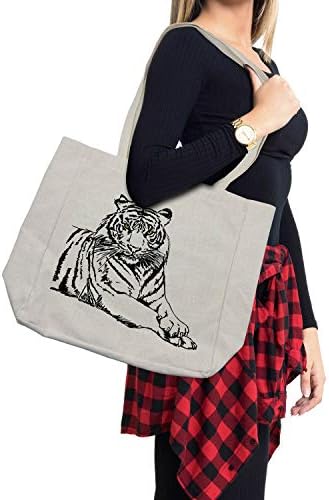 Амбесон Савана торба за купување, скица на тигар остри очи Најголеми видови мачки, темни вертикални ленти уметност, еко-пријателска торба
