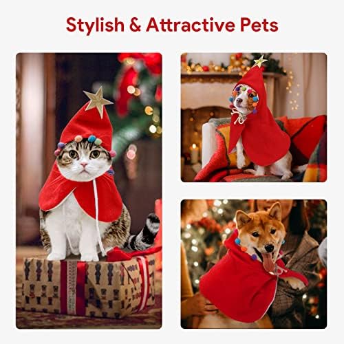 Наметка за божиќни костуми за мачки на кучиња со лежишта со облека за миленичиња со миленичиња starвезди и помпоми облекувајќи облека