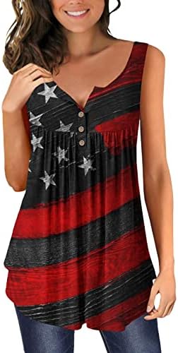 Хенли резервоарот врвови долга должина за жени лабави фларен кошули САД со знаме за печатење на знамето, проточна туника, врвна летна кошула