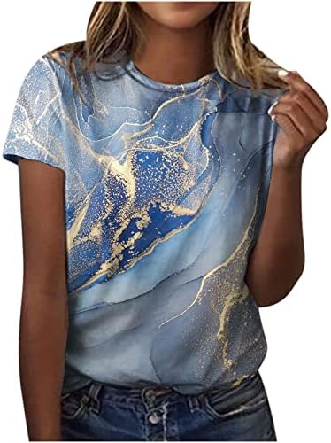 Топ дами 2023 година со кратки ракави памучни екипаж вратот на вратот графички мермер печатење бренд Топ маица за тинејџери 1o