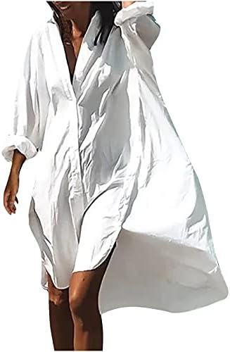 Фустан со кошула за жени секси V вратот печатено копче надолу лабава блуза врвови случајни миди фустани со џеб