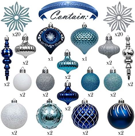 Валери Меделин Зимски желби Сини сребрени божиќни украси за бодици пакет | 70ct повеќе обликувани големини бои Божиќни украси + 35CT 70mm топки