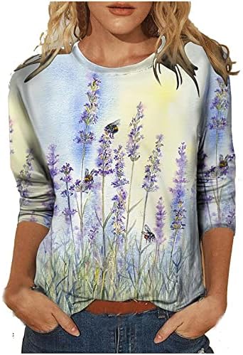 Narhbrg есен маици за жени цветни печати есенски пулвер врвови симпатична екипа вратот 3/4 ракав графички лабави џемпери блузи