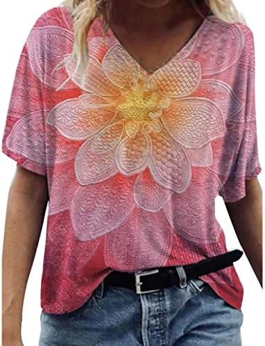 Краток ракав 2023 Облека V вратот Памук Графички лабав вклопување на врвот за дами есен летен случајна блуза 88 88