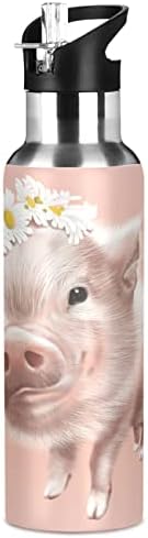 Алаза розова свиња со мажени цвеќиња шише со вода со слама капаче вакуум изолиран од не'рѓосувачки челик термо колба за колба
