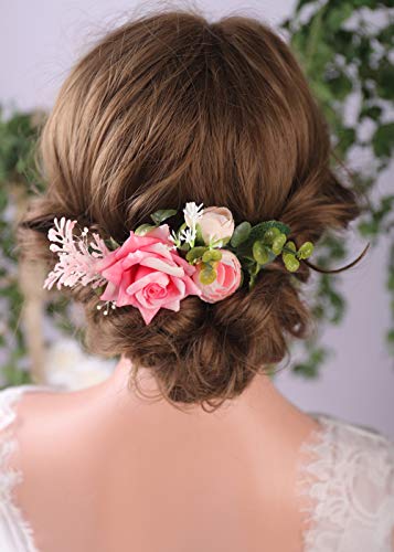 Anglacesmade невестински цвет и лисја чешел за коса розова цветна свадба глава грмушка коса накит за рустикален венчален матурски фестивал