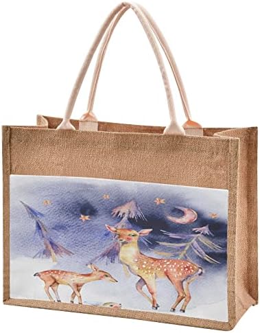 Cataku Night Deer Rabbit Jute Tote Tote со рачки и патент големи шопинг торбички за намирници со предно платно торби за подароци