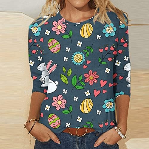 Велигденски кошули за жени Симпатична зајаче печати маица за среќен велигденски ден Велигденски графички маички 3/4 ракави на екипажот