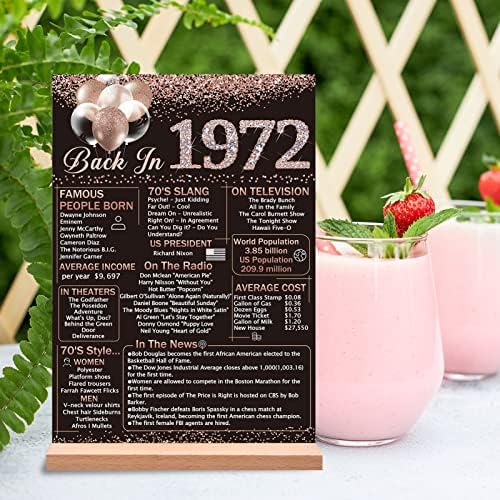 Vlipoeasn 51-годишнината Роденден Декорација На Маса 1972 Постер За Жени, Розово Злато Назад Во 1972 Акрилни Табела Знак Со Дрвен