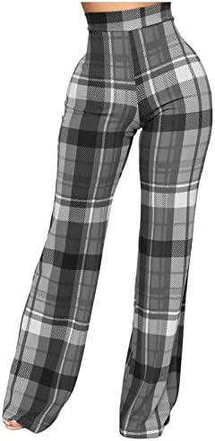 Plusенски плус големина еластична половината карирана отпечатена панталони кои спојуваат обични панталони со високи половини