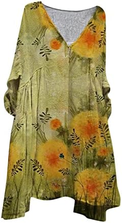 Фустани со долги ракави на Миашуи за жени обични дами ретро -обични три четвртина ракави памучни средни измамени фустани за
