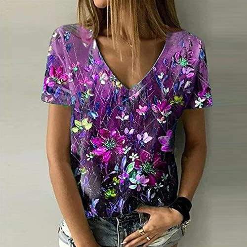 Бранч врвна маичка за жени есен летен памук со краток ракав, графички печатење, цвет на ТОП XZ XZ
