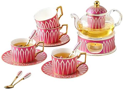 Yjalbb чај сет на европски чај сет со потопла стаклена чајник од свеќи цветаат лабави лисја чајни чај за 4 лица дома кои користат свадба