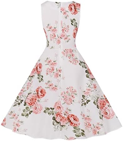 Fragarn женски обични фустани, женски летен печатен фустан со тркалезен фустан без ракав со ретро фустан со средна должина